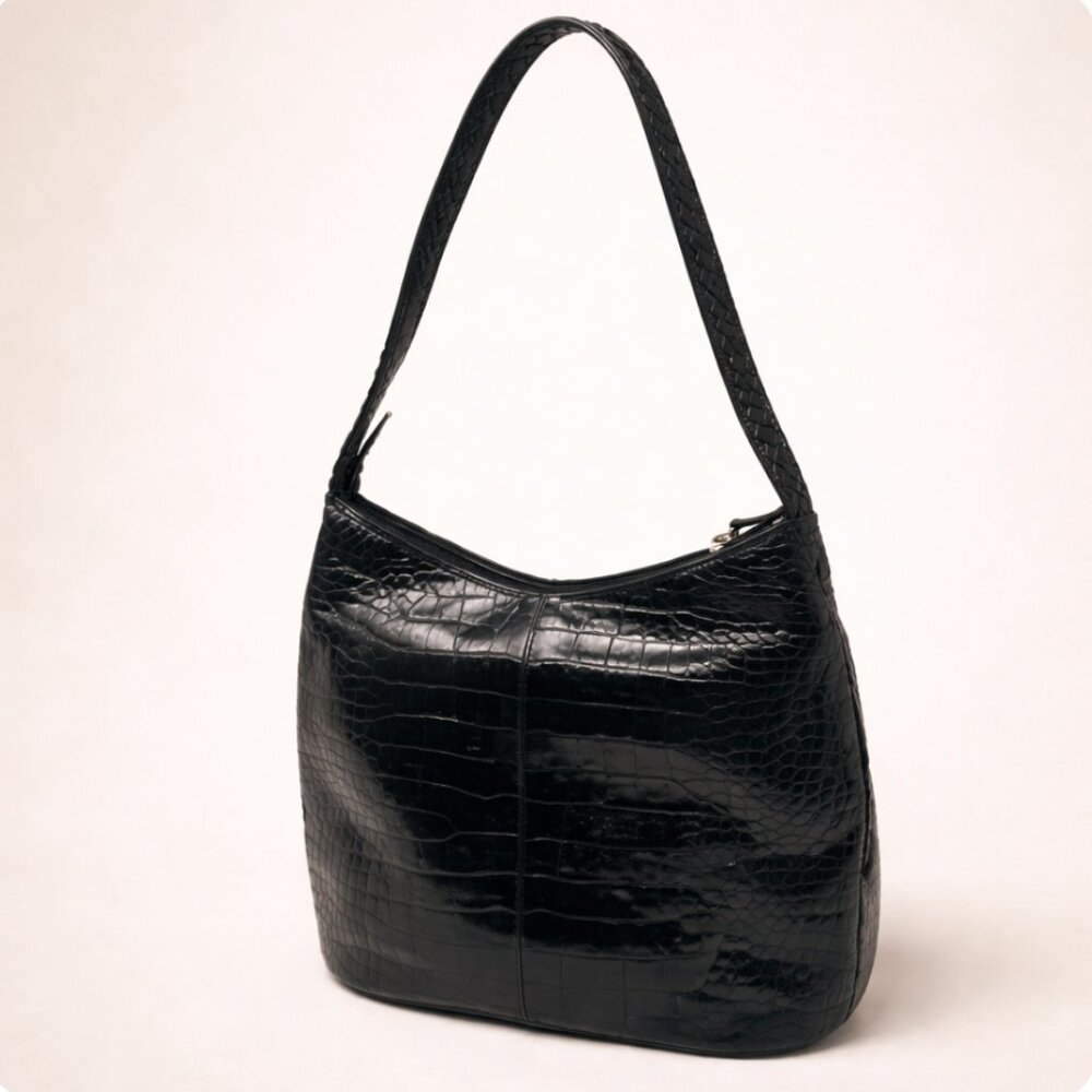 Vintage Christian Croc Embossed Italian Leather Shoulder Bag | Black Baguette |